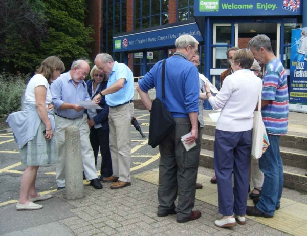 House Detectives meet outside Campus West at the start of a guided walk led by Angela Eserin (local historian and Trustee) and Tony Skottowe (Trustee)