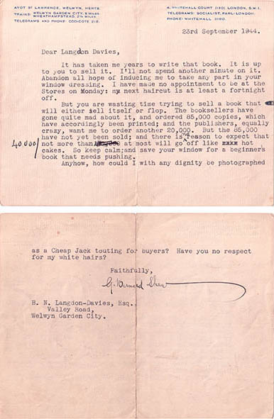George Bernard Shaw letter to Langdon Davies